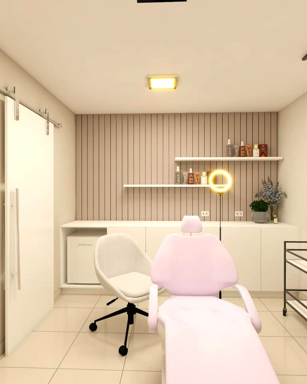 Sala de estética com bancada, ripado e prateleiras sob medida — Marcenaria Costa, Curitiba